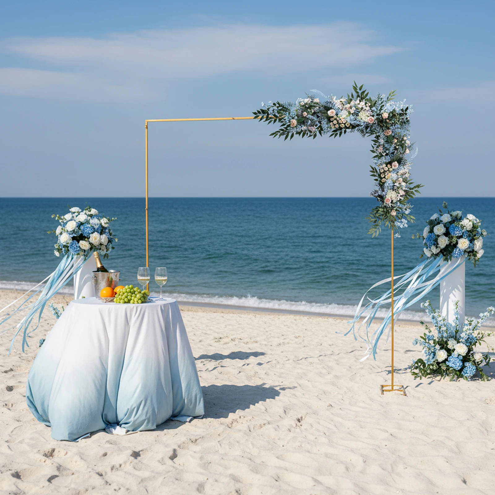 إطار قوس الزفاف من الحديد المجلفن الذهبي مقاس 3 × 3 م، قاعدة قابلة للفصل، دعامة خلفية لحفلات الزفاف.