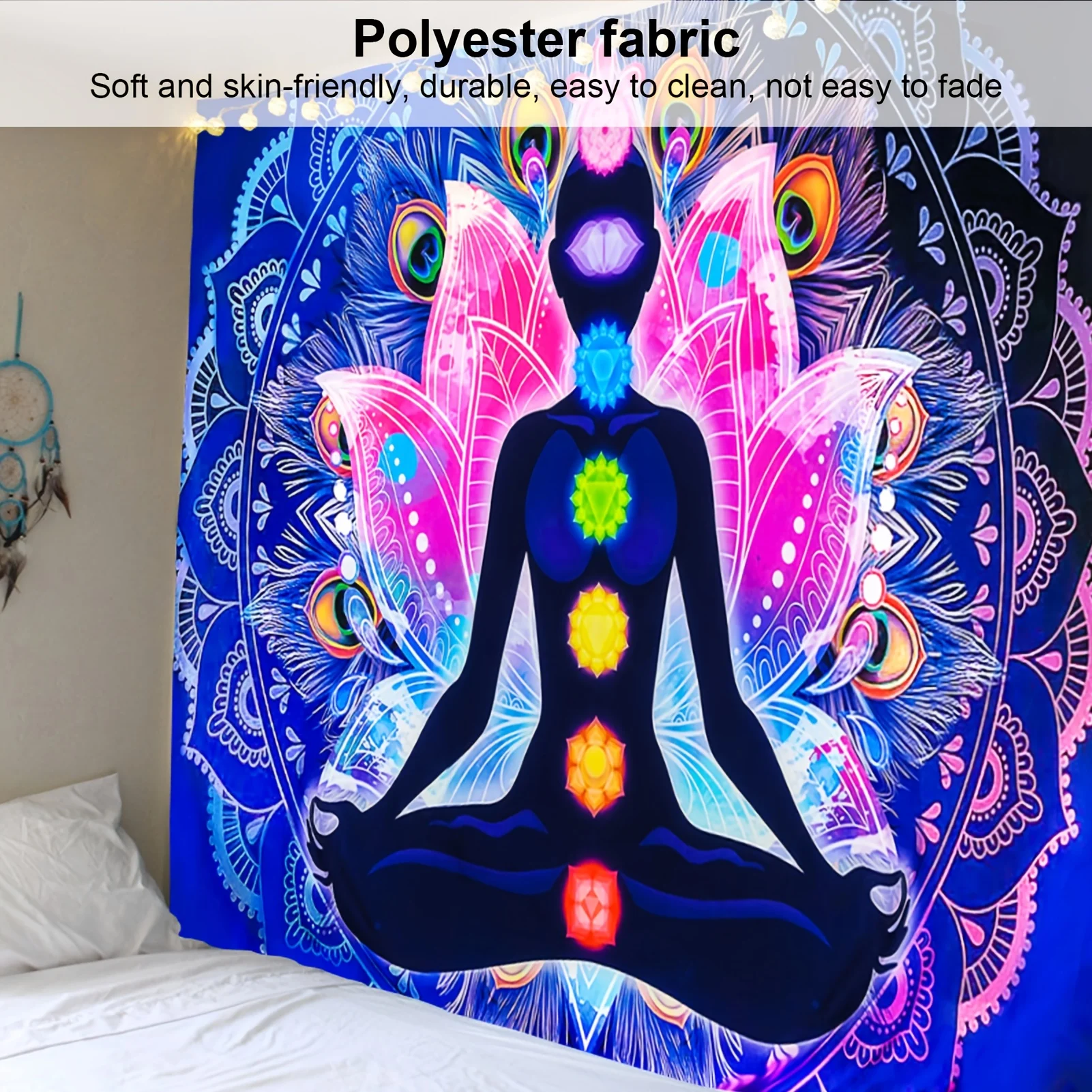 Yoga Chakra Tapestry, Meditative Lotus Pose with Peacock Feathers for Spiritual Decor, Soft Polyester Wall Hanging, Ideal Gift