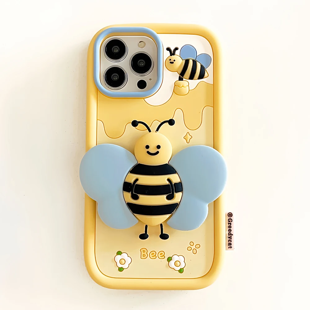 

3D Cartoon Bee Soft Silicone Phone Case, Back Cover, Skin Shell with Wing Holder Stander, iPhone 11, 12, 13, 14 15 Pro Max, Cute