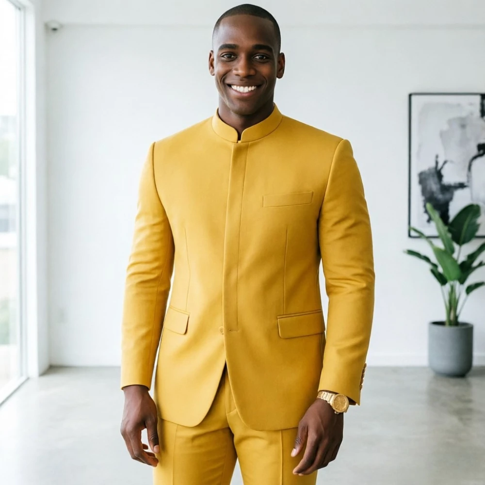 

Мужской свадебный костюм Slim Fit в винтажном стиле, коричневый, с воротником-стойкой, приталенный, на заказ, для жениха, для свадьбы, выпускного вечера, вечеринки