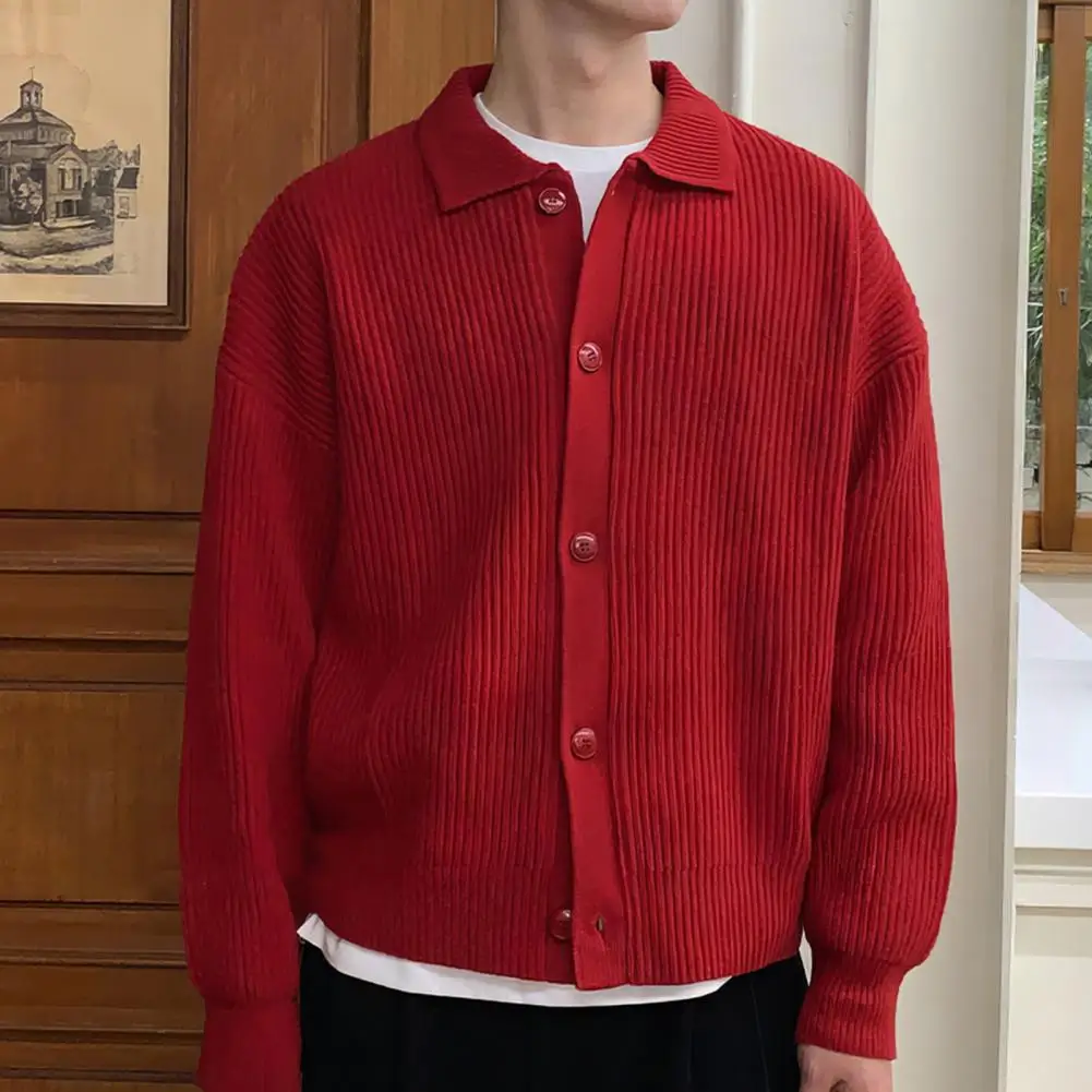 

Men Fall Winter Sweater Turn-down Collar Single-breasted Buttons Loose Cardigan Sweater Coat Long Sleeves Knitted Jacket Work Sc