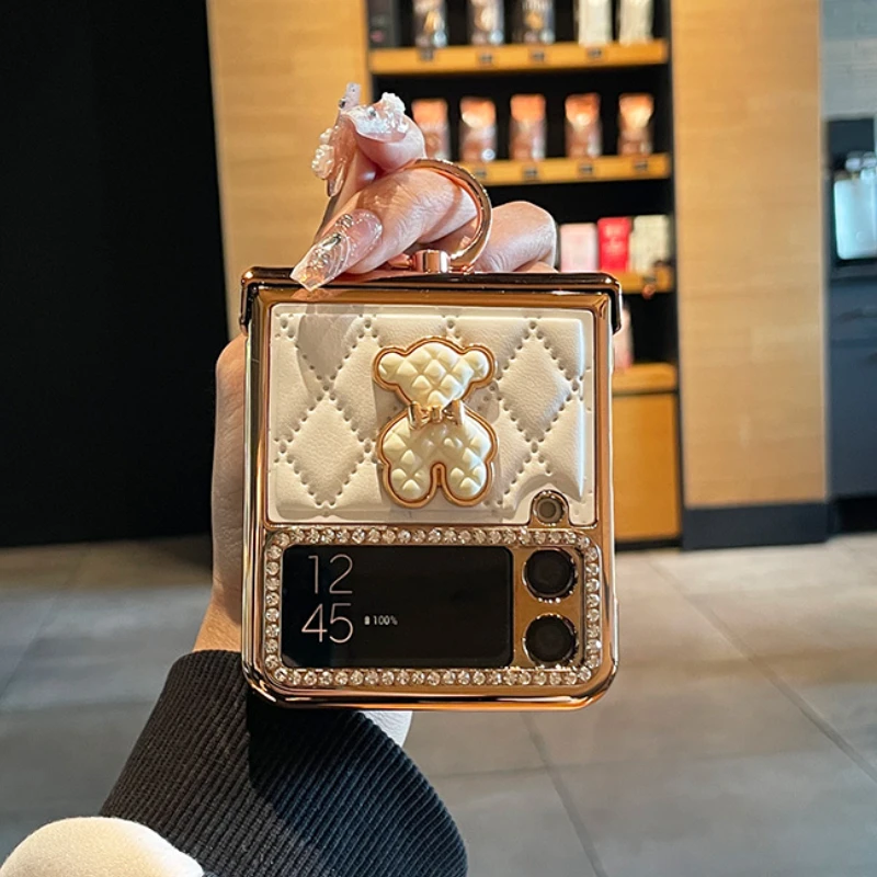 Dla Samsung Galaxy Z Flip 4 Etui Ring Rhinestone Rhombus Skórzane etui na telefon Z Flip4 Zawias ochronny