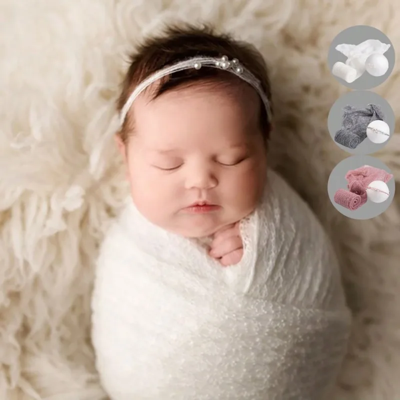 

2pcs/Set Newborn Photography Wrap Mohair Swaddle Blanket & Pearl Headband Setbaby Shower Easter Gift Sthings for Girls/Boys