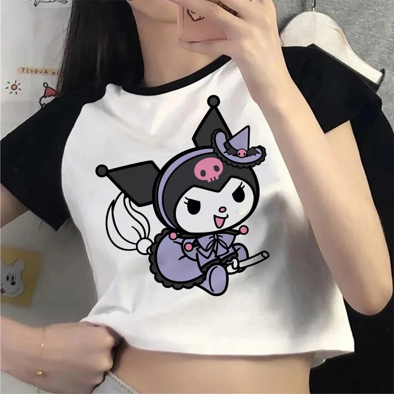 Sanrio Kuromi Karikatür Baskı Kadın T-shirt Y2k Sokak Harajuku Baharatlı Kız Tees Tops Kore Moda Sevimli Ince Kadın Kısa Kollu