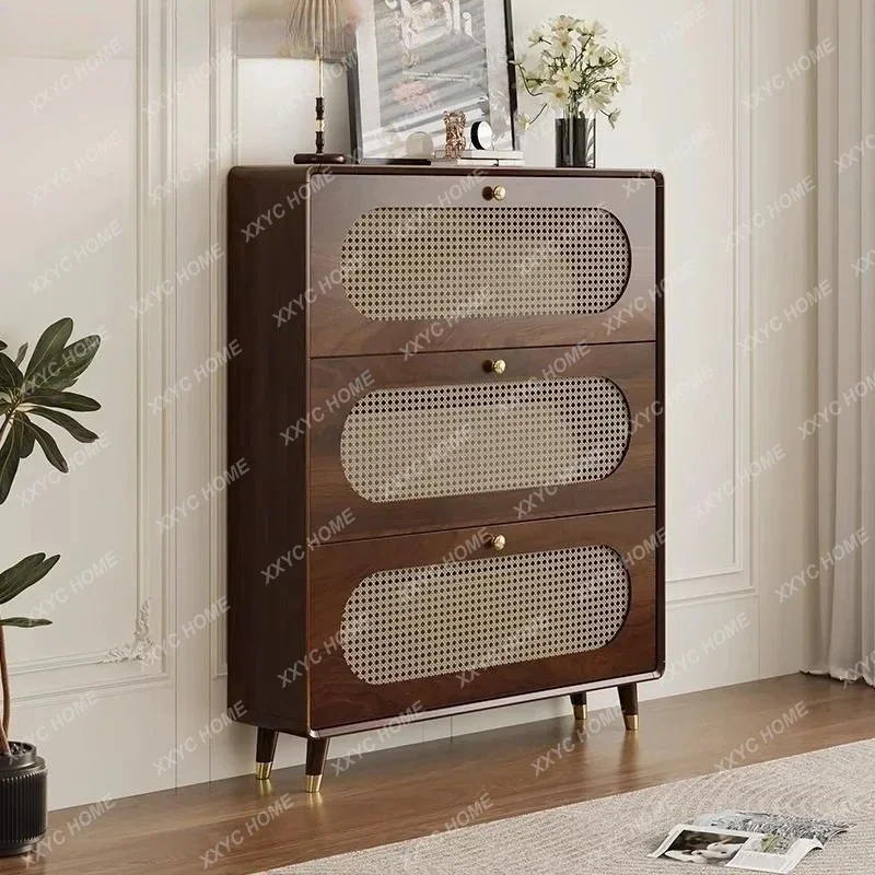 MY New Chinese rattan ultra-thin shoe cabinet home door solid wood simple modern tipping bucket entrance cabinet