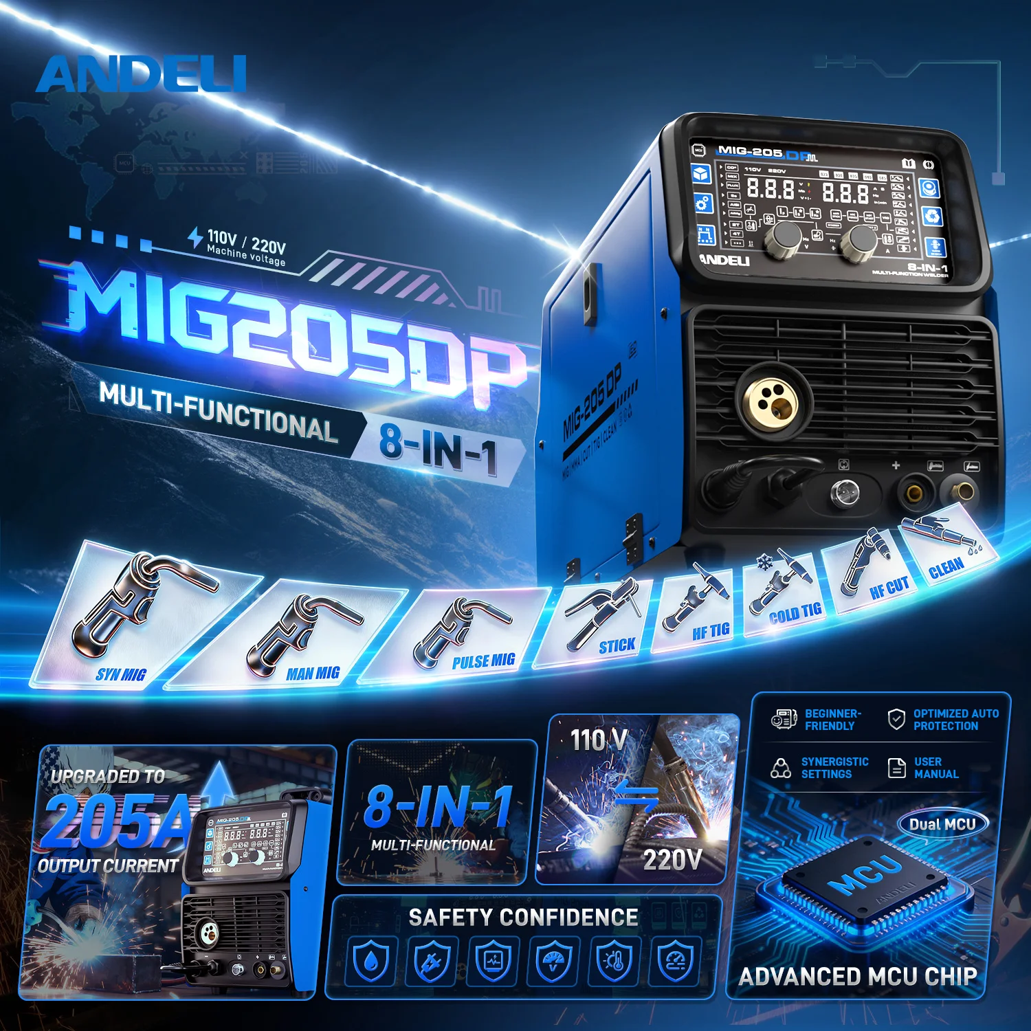 

ANDELI 8-In-1 Multiprocess Welder & Plasma Cutter Pulse MIG/HF Tig/Flux Mig/Cold/Clean/Stick Welding Machine Dual Voltage