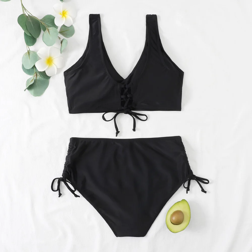 Split bikini solid color cross strap high waist solid color swimsuit European and American sexy swimsuit