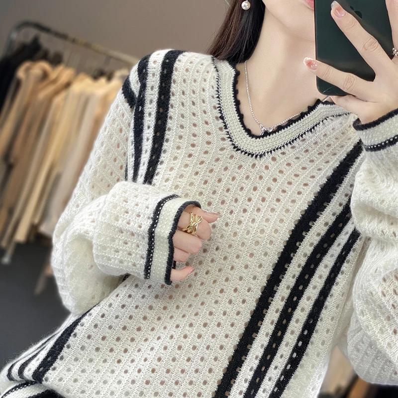 Autumn and winter new V-neck 100 pure cashmere sweater women loose thin hollow sweater knitted wool soft waxy base top