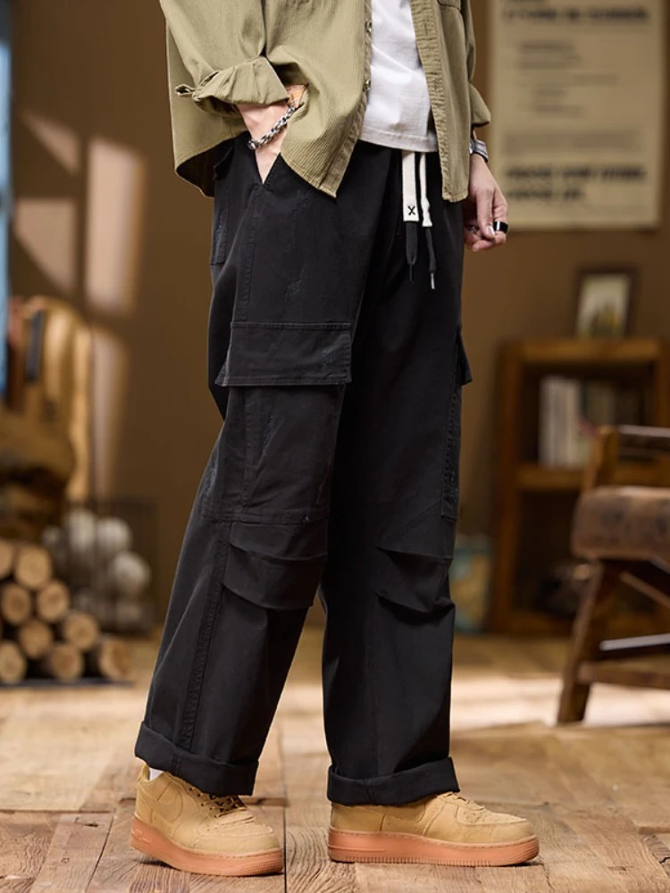 Celana Katun 100% Pria 2025 Celana Olahraga Serut Kasual Longgar Baru Musim Gugur Celana Lebar Lurus Pemuda Saku Besar Mode