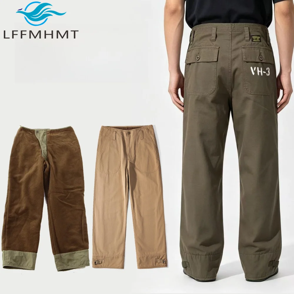 Men Ripstop A-2 Deck Pants Fleece Lined Thick Loose Elastic Waist Motorcycle Riding Winter Warm Casual Trousers