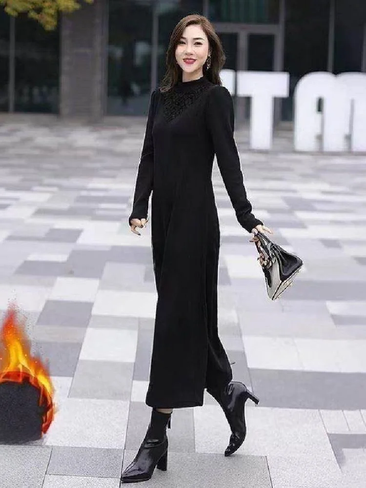 thiened-fce-long-dr-autumn-winter-new-sle-casual-thi-warm-a-line-skirt-faionable-slimming-lace-dr