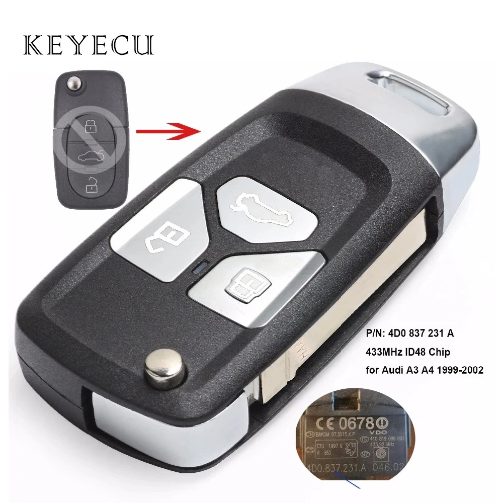 Keyecu Upgraded Flip Remote key Fob 433MHz ID48 Chip for Audi A3 A4 1999 2000 2001 2002 4D0 837 231 A