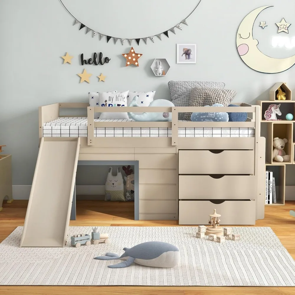 

Loft Bed Twin Size Wood Kids Bed Frame With Slide Ladder Three Drawers Under Play Space No Box Spring Needed