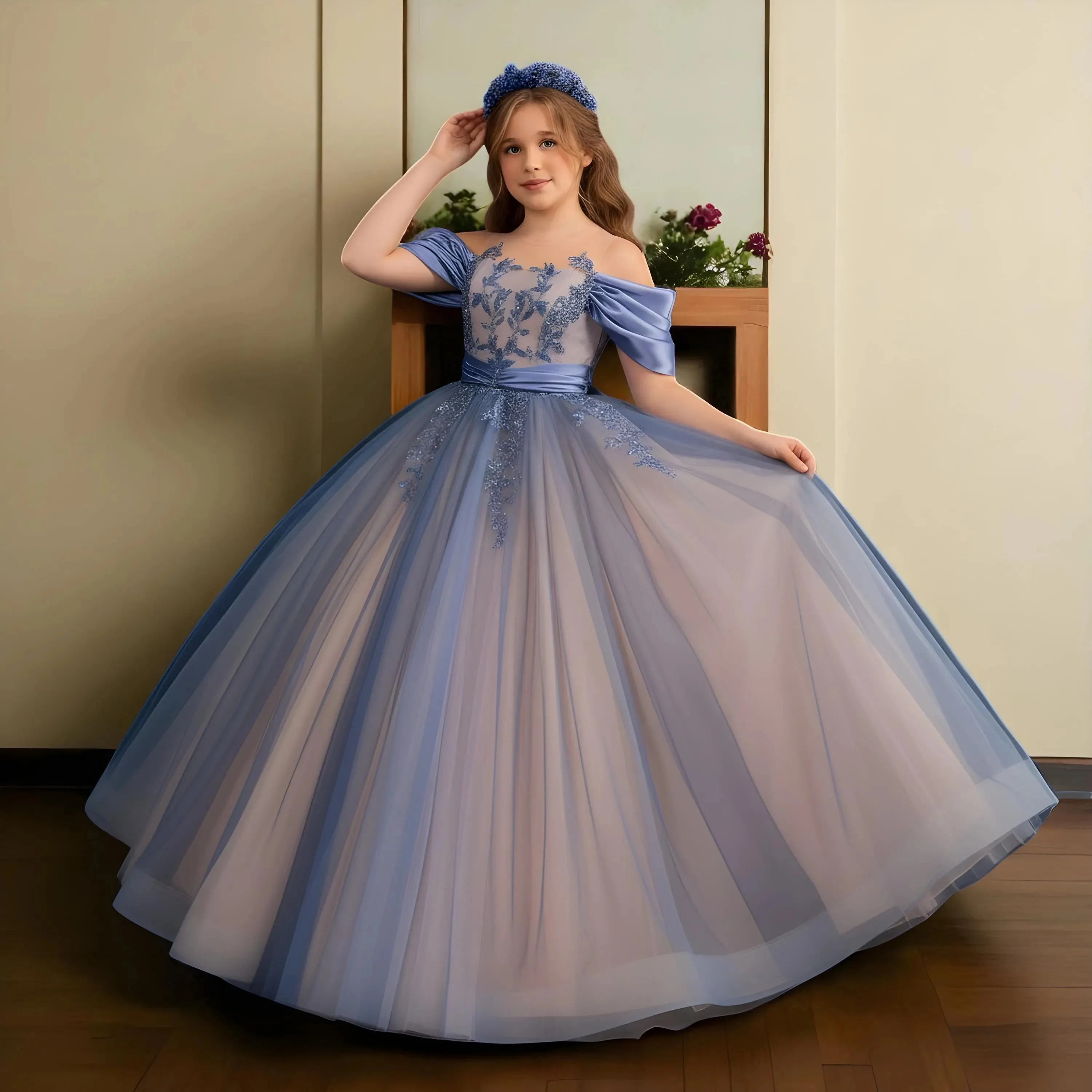 Luxurious Couture Tulle Flower Girl Dress Heavy Embroidery Multi-Layered Mesh Satin Belted Dress Girls First Communion Dress