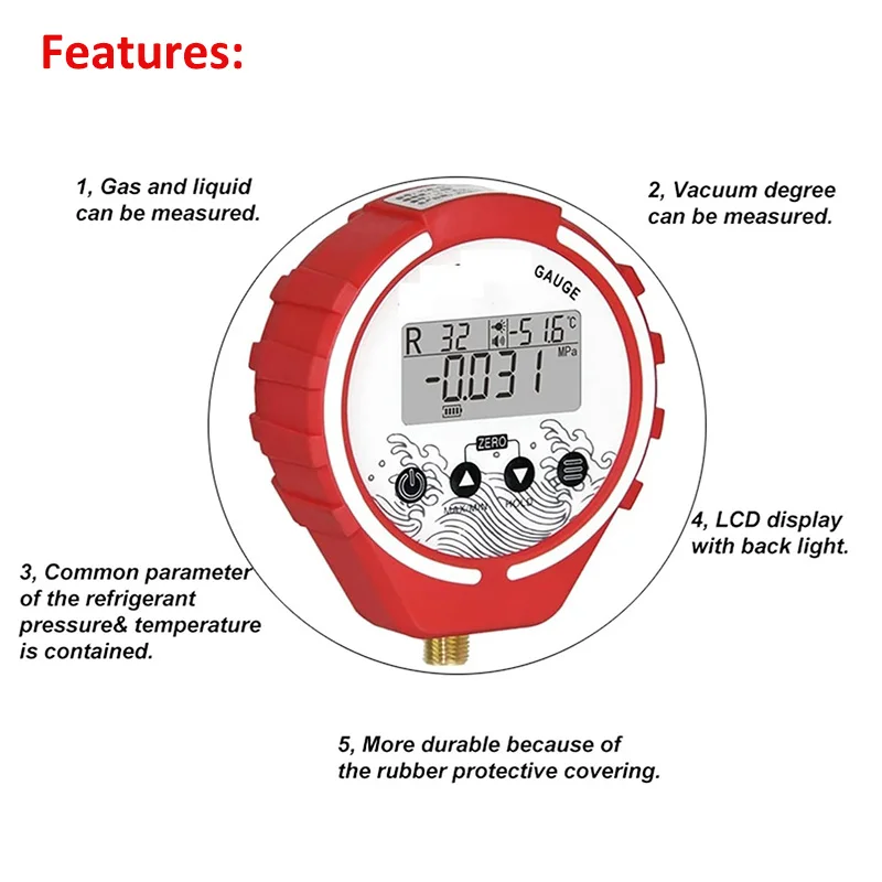 -0.1 ~ 5.0MPA Digital Manifold Pressure Gauge Refrigeration Tester Vacuum Pressure Meter HVAC Tester Freon Pressure