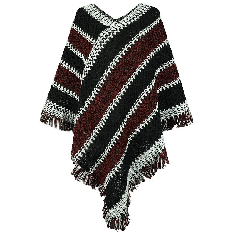 

Autumn Winter New Style Color Contrast Striped National Style Tassel Pullover Cloak Poncho Lady Capes Blue Cloaks