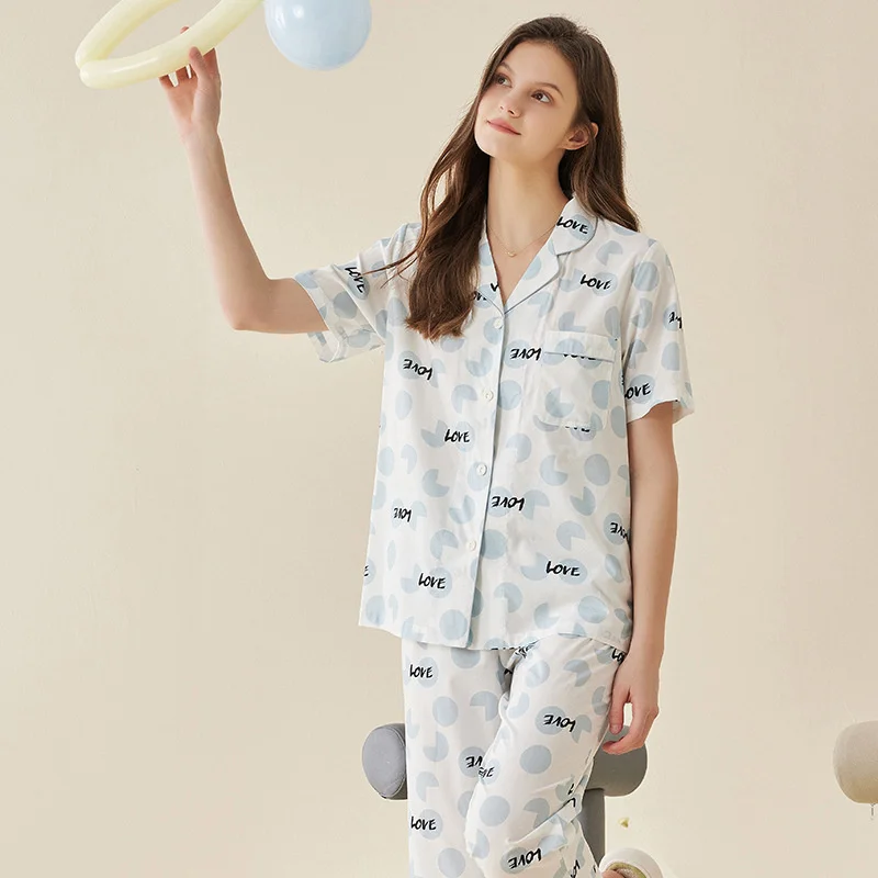 Modale Katoenen Pyjama 'S Zomerbroek Met Korte Mouwen En Print Huiskleding Voor Dames