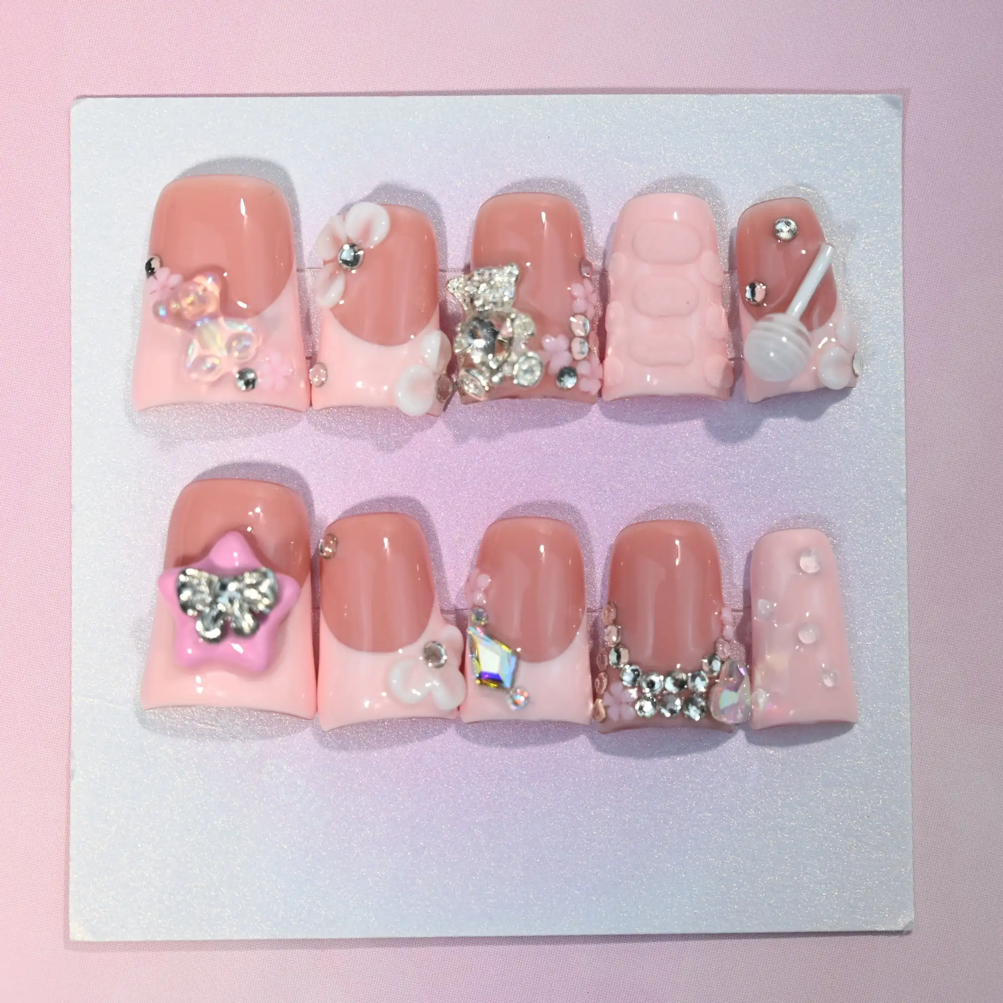 

Candy Pop Press On Nails, Handmade Pink 3D Kawaii Jelly Nail Art with Lollipops & Crystals, Y2K Coquette Aesthetic