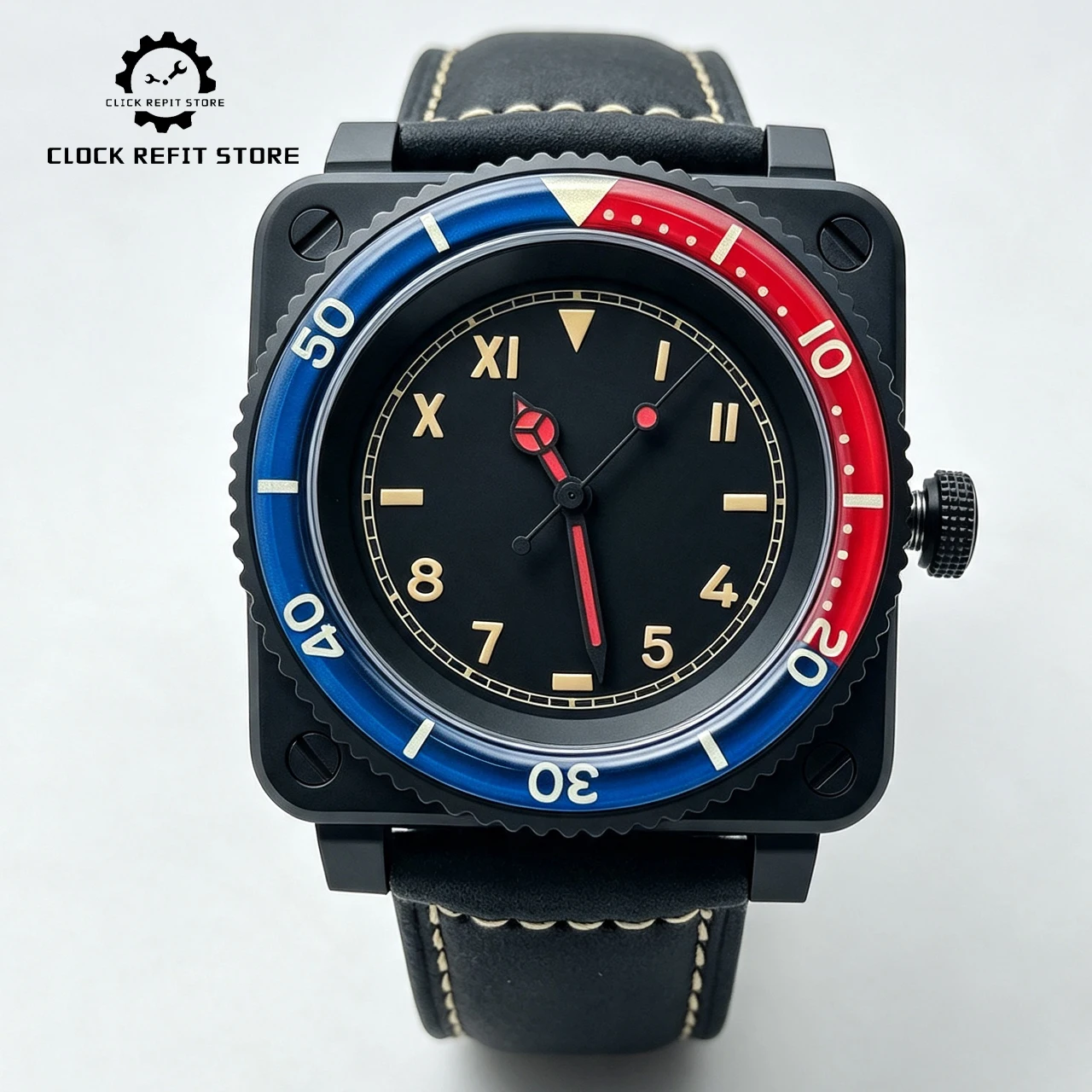 42mm Square NH35 Mod Watch Two-Tone Color, Matte Case Sapphire Crystal Exhibition Back Leather Strap, Premium Casual Office