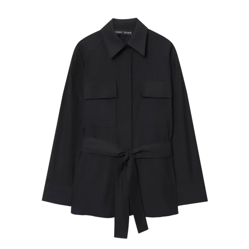 Camicia lunga da donna con cintura Autunno semplice colletto rovesciato maniche lunghe Pockat Camicie da donna Camicie e camicette con bottoni femminili