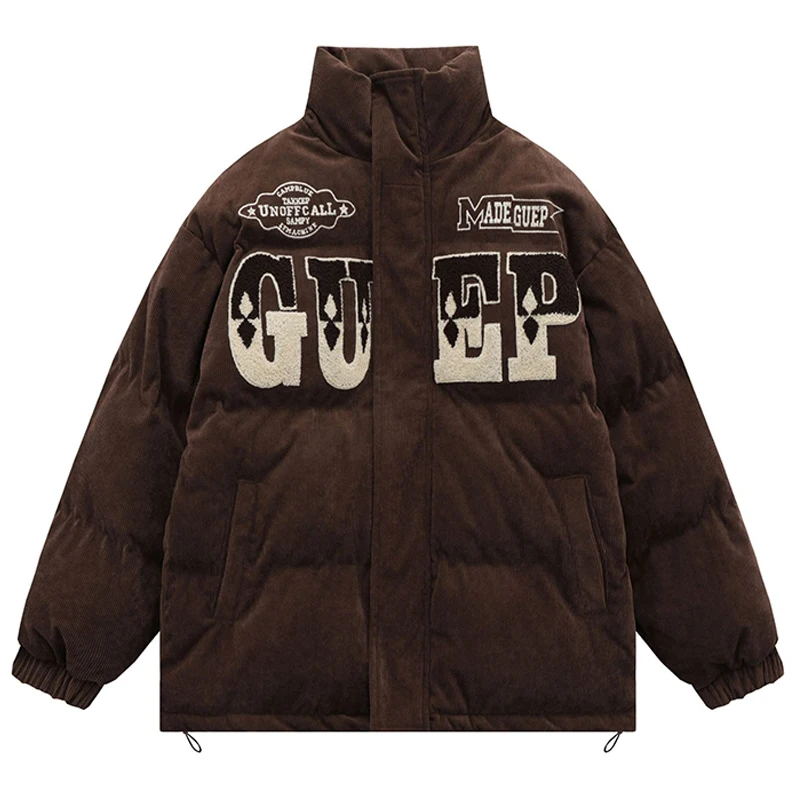 Parka de algodón de plumón para hombre, chaquetas gruesas de HipHop, abrigo flocado con letras Retro, ropa de calle Unisex, ropa de calle japonesa de invierno