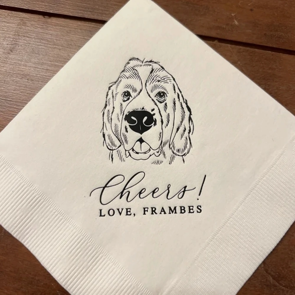 Cheers!-Personalized Illustrated Dog Wedding Napkins, Pet Wedding Napkins,Bridal Shower, Engagement Party, Bar Napkins, 50Pcs