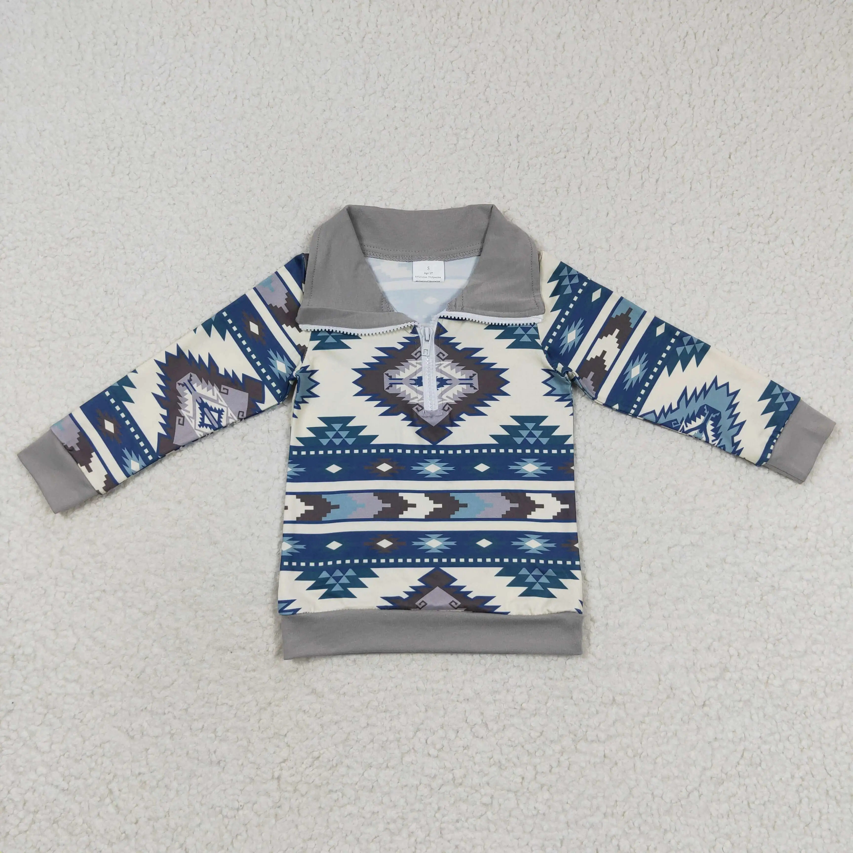 New rts kids fashion long sleeve top aztec geometric figure light gray zipper long sleeve top