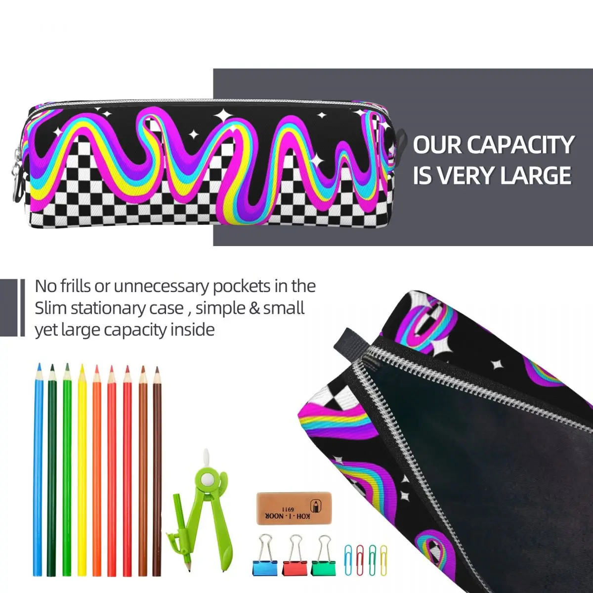 사이키델릭 체커 보드 격자 무늬 연필 케이스 클래식 펜 가방 소녀 소년 대형 스토리지 학생 학교 지퍼 연필 주머니