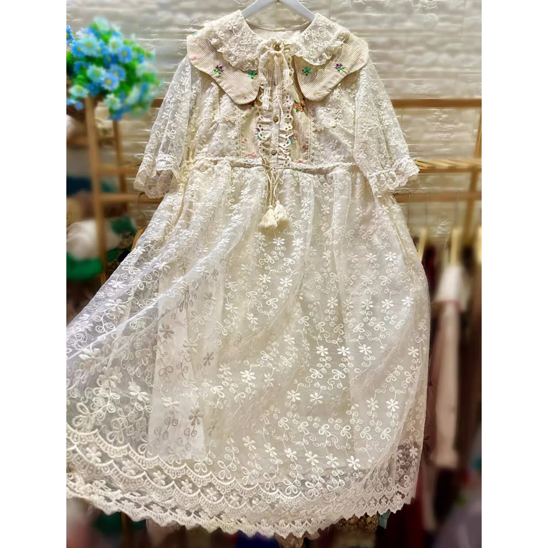 

Vintage Retro Chic Lace Cover Floral Embroidery Tunic Long Midi Dress Women Summer Ruffled Lace Lolita Evening Wedding Dress