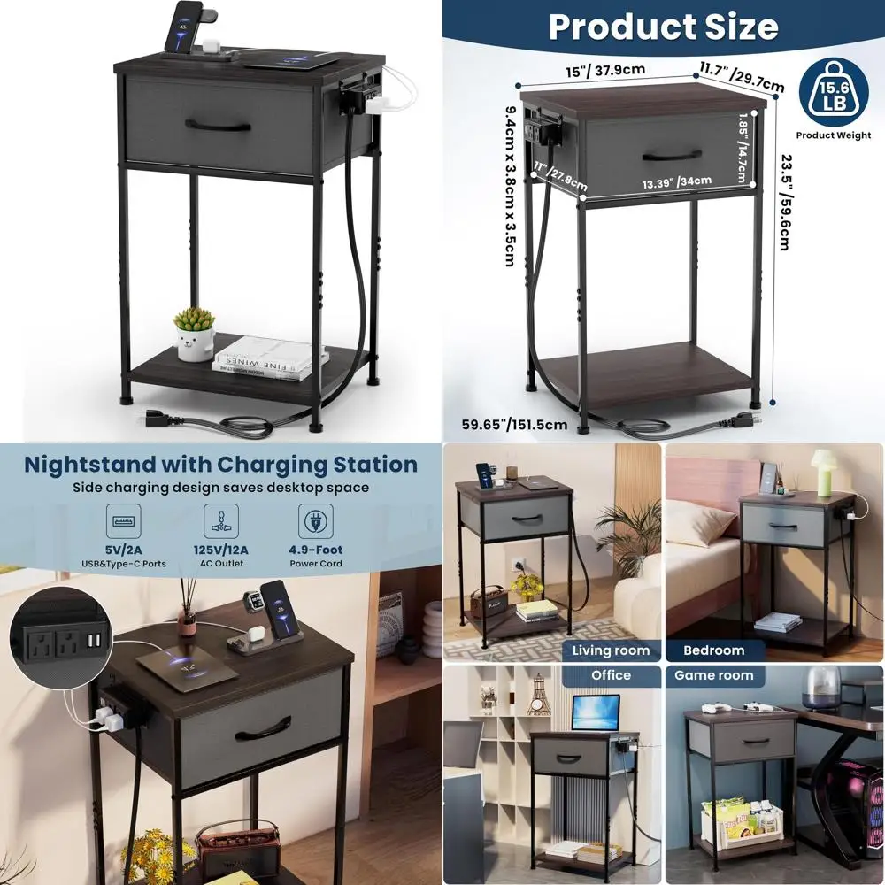 

Черная прикроватная тумбочка с тканевым ящиком и полкой для хранения для спальни, гостиной и офиса