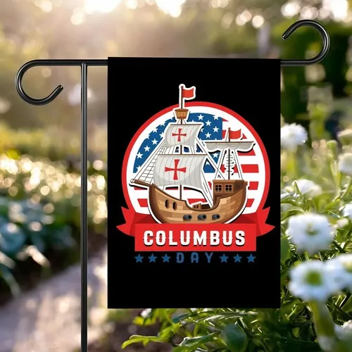 Bandera del Día de Columbus – Octubre 12 1492 con diseño de barco y banderas americanasMME