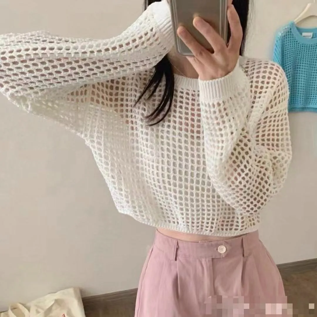 

Korean Chic Summer Spicy Girl Style Short Mesh Knitwear Loose Long Sleeve Women's Top Hollow out Sun Protection Cover up