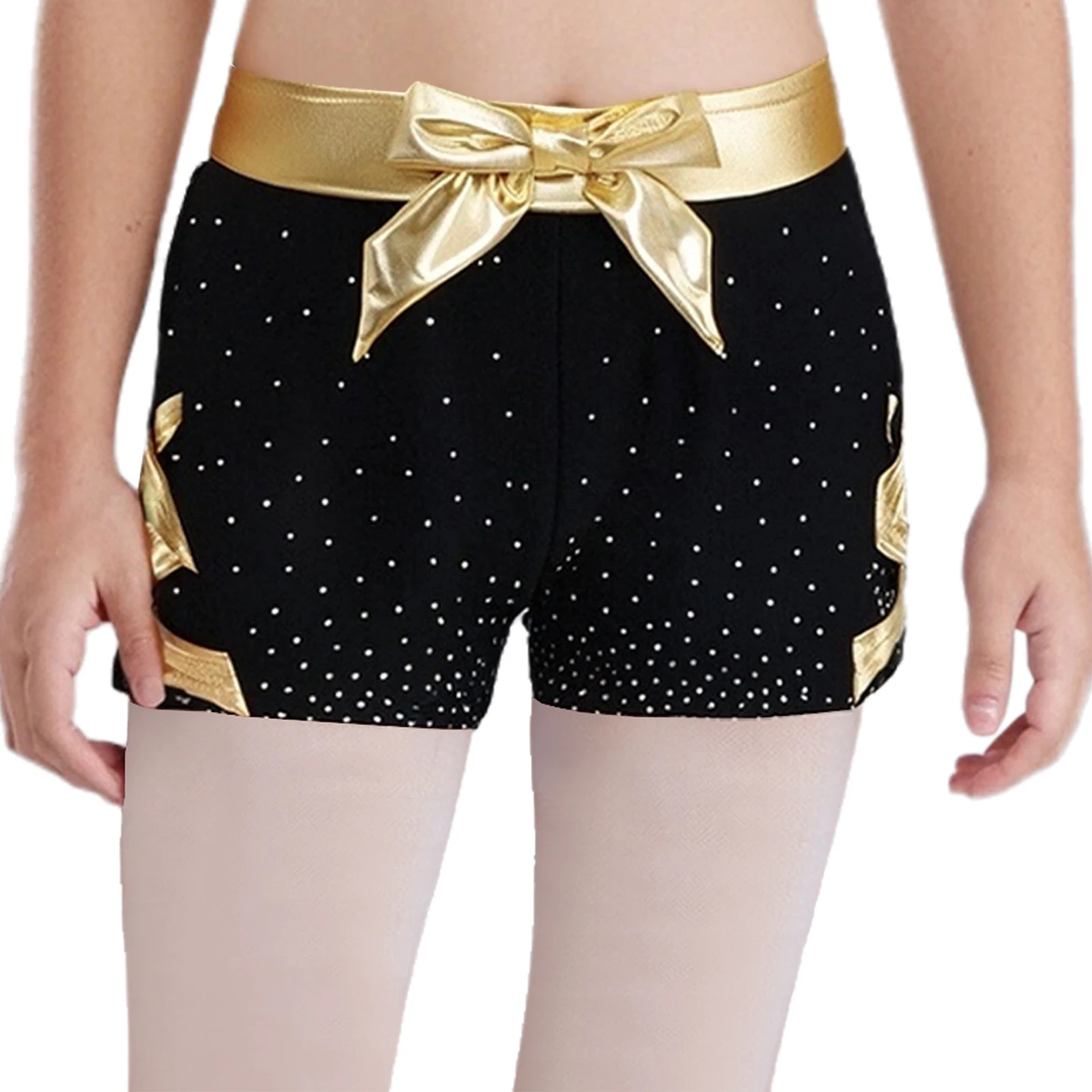 Girl Gymnastics Ballet Dance Shorts Metallic Bow Sides Crisscross Rhinestones Short Pants Bottoms Cheerleading Workout dancewear