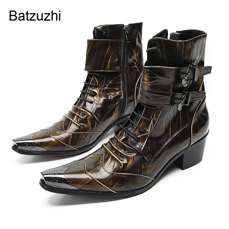 Batzuzhi Italian Type Men's Boots Elegant Bronze Gneuine Leather Ankle Boots Men Metal Toe Lace-up Zip Motorcycle Boots Men