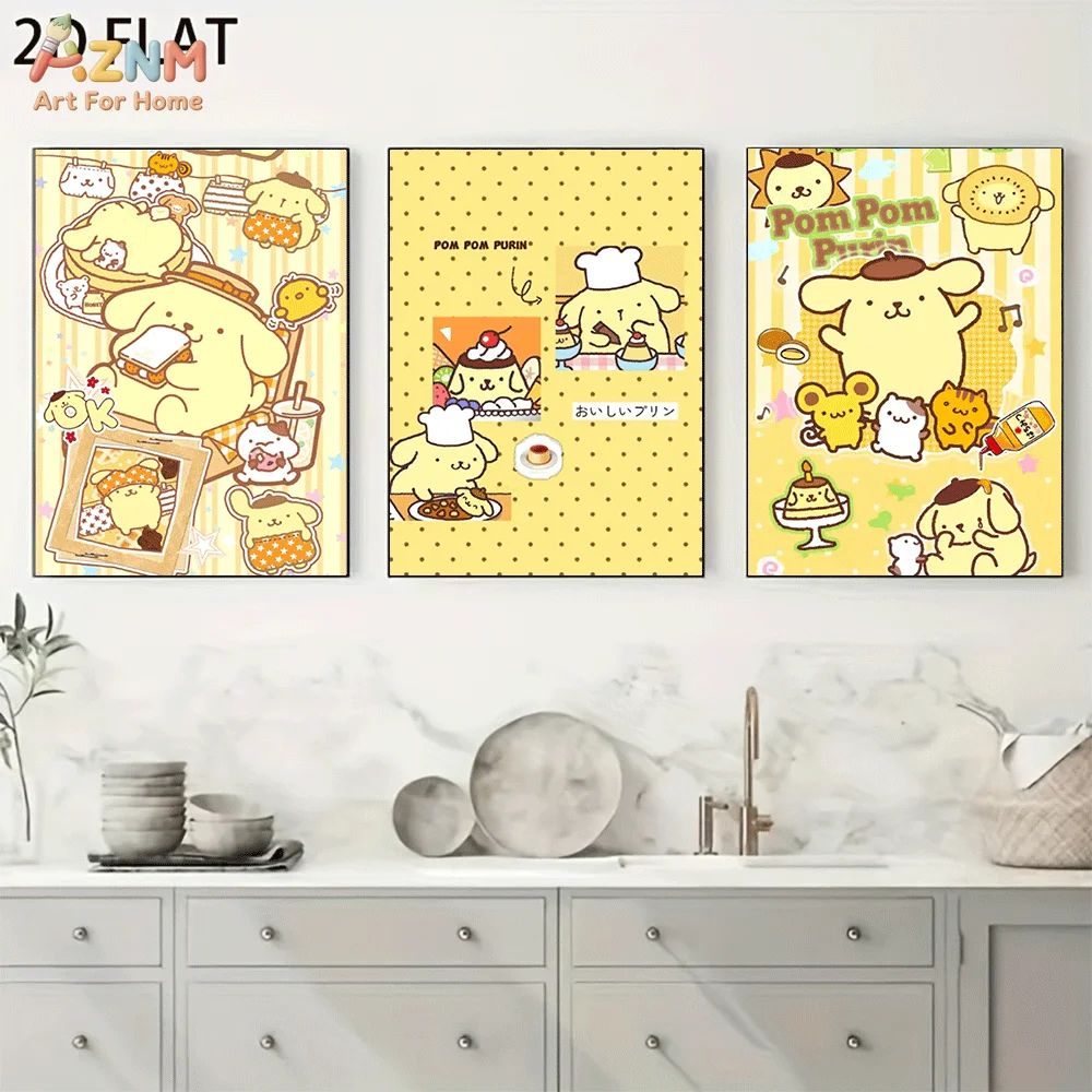 AZNM Pompompurin Frameless Canvas Wall Art, Cute Yellow Pudding Dog Cartoon Poster, Dessert Food Theme Home Bedroom Decor Painti