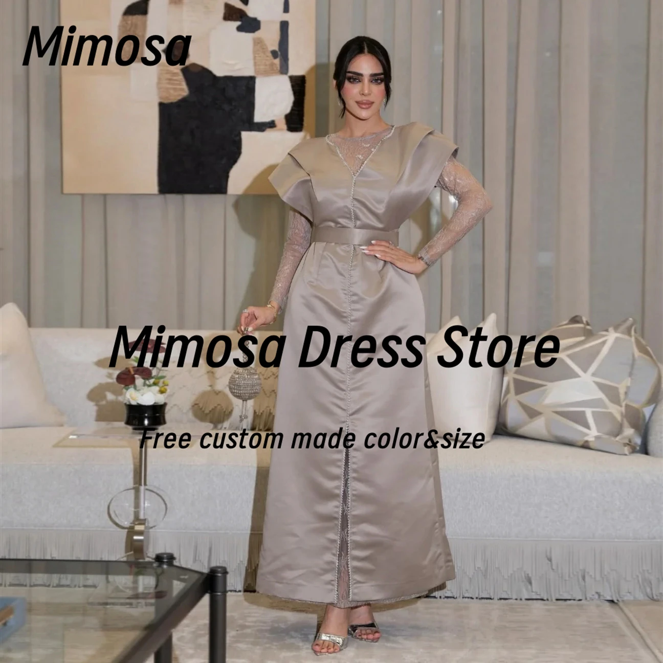 

Mimosa Prom Dresses Saudi Women Lace Long Sleeves Evening Party Dress Beading فساتين سهرة Two Pieces Customized