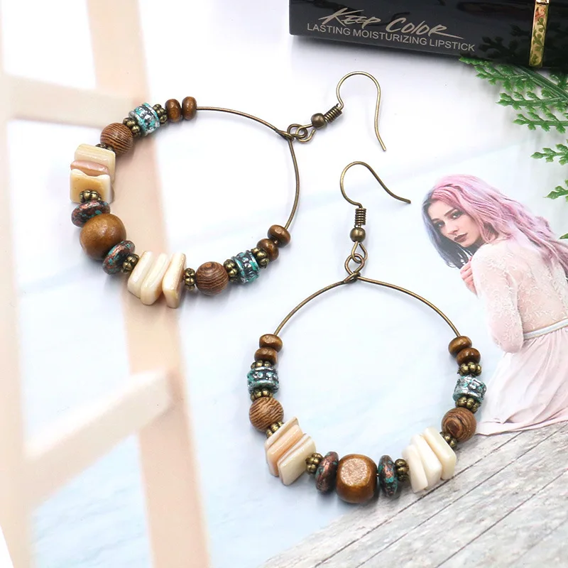 Fashion Bohemian Handmade Beaded Earrings For Women Vintage Shell Wooden Beads Large Hoop Earrings Jewelry