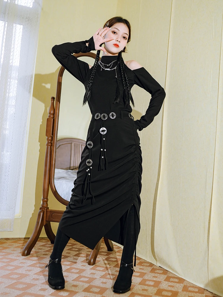 New Spring Harajuku Style Hot Girl High Waist Splicing Skirts Gothic Fashion Streetwear  Drawstring Black Slim Irregular Skirt