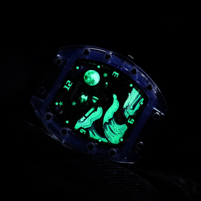 HANBORO Heren automatisch horloge Luxe mechanisch polshorloge Tonneau Transparant acryl behuizing Waterdicht Volledig lichtgevende golfwijzerplaat