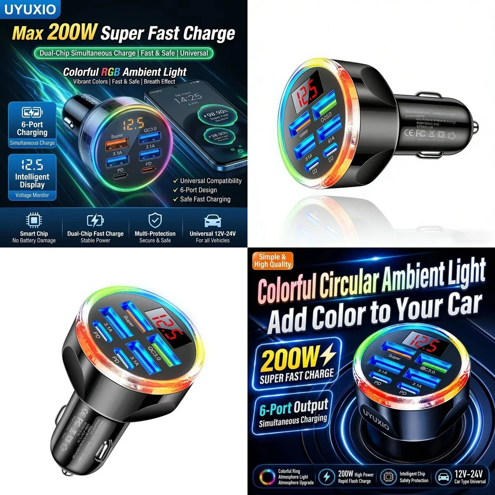 6 in 1 Fast Car Charger Adapter Trending for iPhone 18 17 16 Samsung S26 S25 S24 with RGB Light Real Time Digital Voltage Hub
