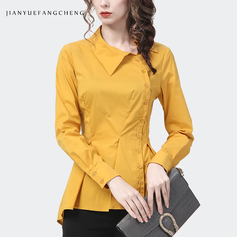 Fashion Women Long Sleeve Pointed Collar Shirt Elegant Slim Asymmetrial Design Solid Color Cotton Top Casual Office Blouses