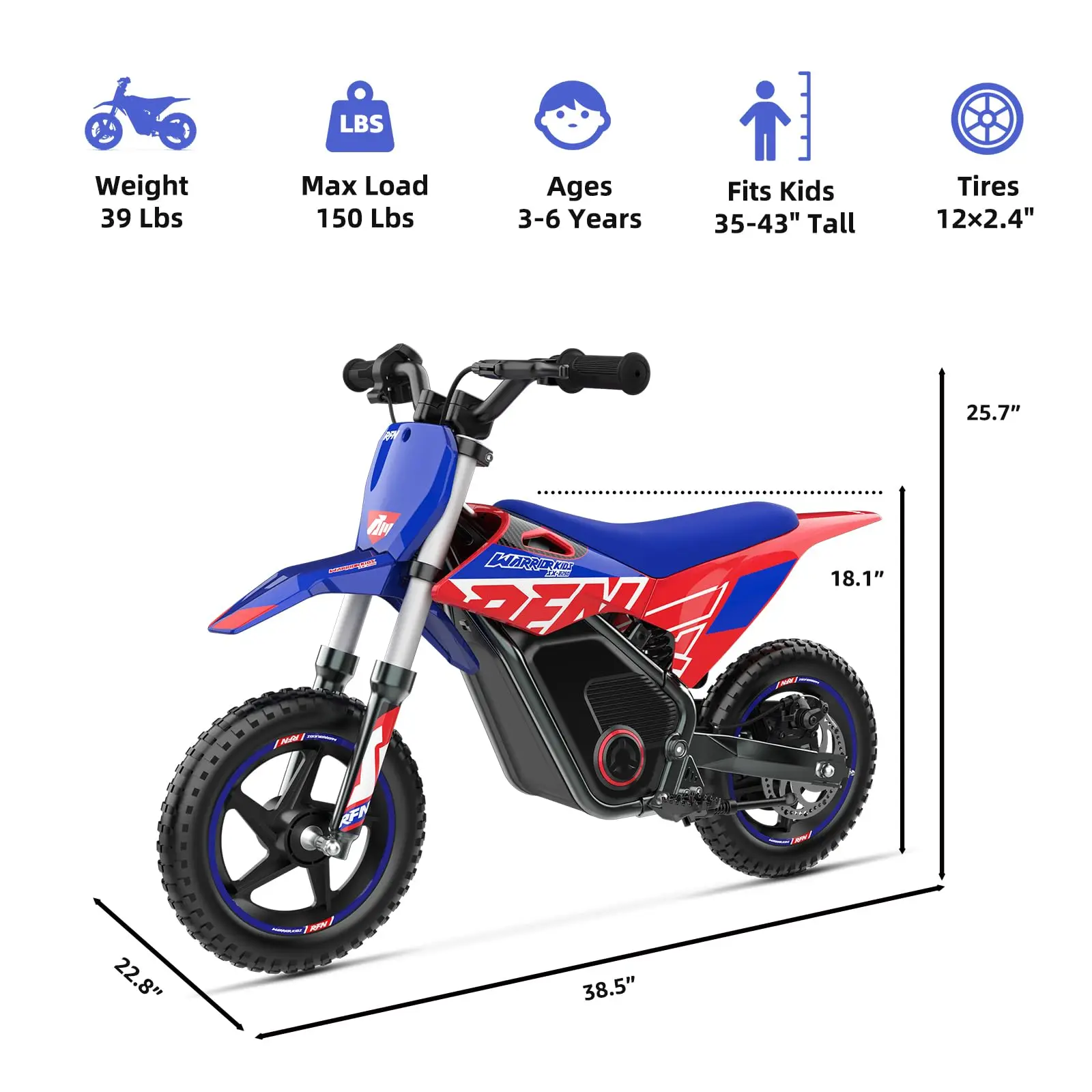 RFN Warrior Kids E250 36V Electric Dirt Bike,with 400W Dirt Bike, 11.2-Mile Long-Range Off-Road Bike with 3 Speeds For Ages 3-6