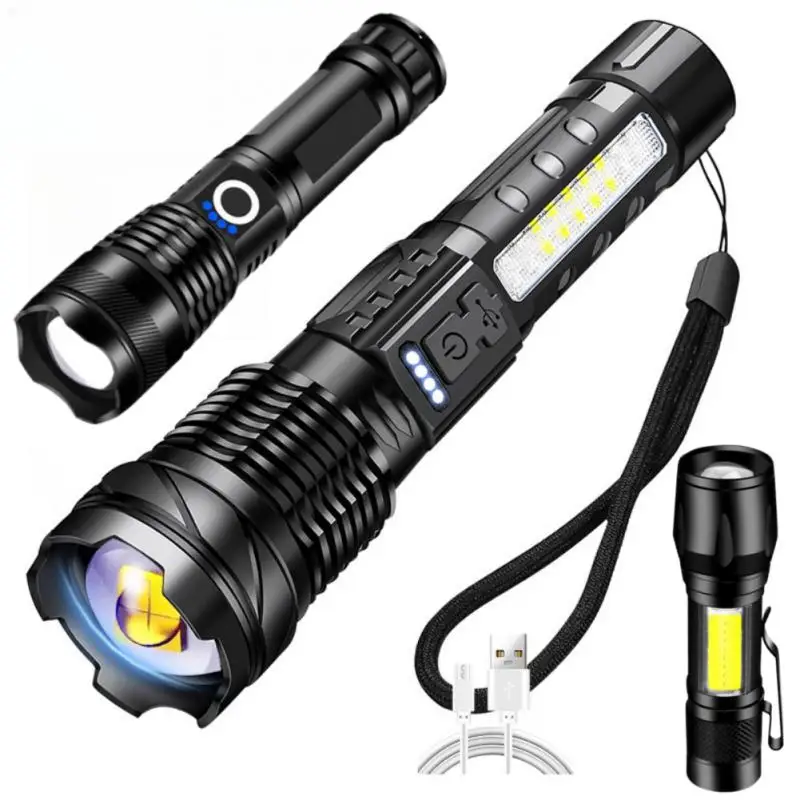 Powerful XHP50 LED Flashlight Waterproof 18650 Torch With Side Light 7 Modes Camping Fishing Lantern USB Rechargeable Zoom Lamp