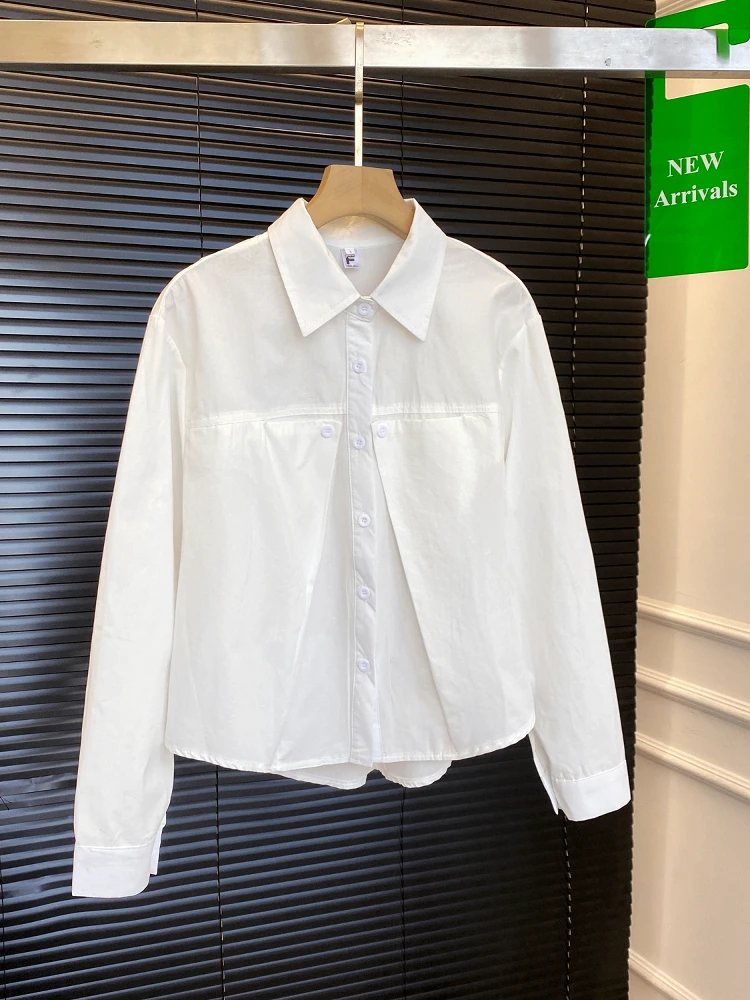 Camisa feminina azul solta de manga comprida moda chique recortado popeline camisa botões lapela gola camisas senhoras casuais topos