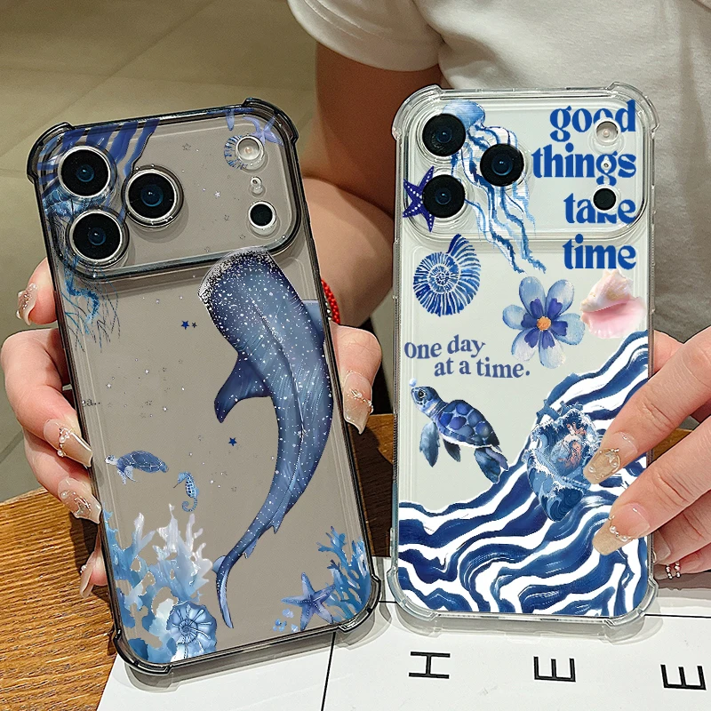 Turtle Whale Silikon-Handyhülle für iPhone Air 17 Pro Max 16 15 Pro Max 14 13 12 Pro Max 11, stoßfeste, transparente Softcover