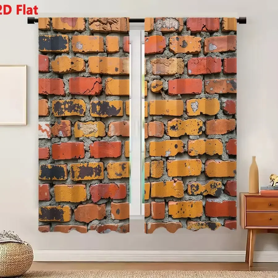 Rustic Brick Wall Pattern Curtains for Home Decor Window Treatment Semi-Sheer Light Filtering Style