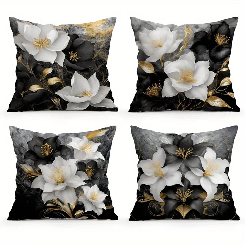Home Decor Black & White Flowers with Gold Accents Pillow Covers Pattern Cushion Cover Suitable for Sofa Bedroom Car Pillow