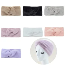 Women Headband Turban Plush Elastic Hair Bands Imitation Mink Fur Cross Hairband Hair Accessories Solid Color Wide Headwrap DIY