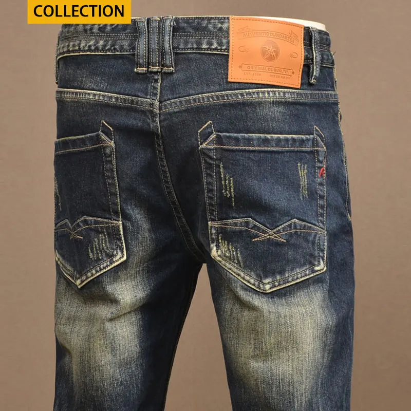 Newly Designer Men Jeans High Quality Retro Washed Blue Stretch Slim Fit Ripped Jeans Men Trousers Vintage Denim Pants Hombre