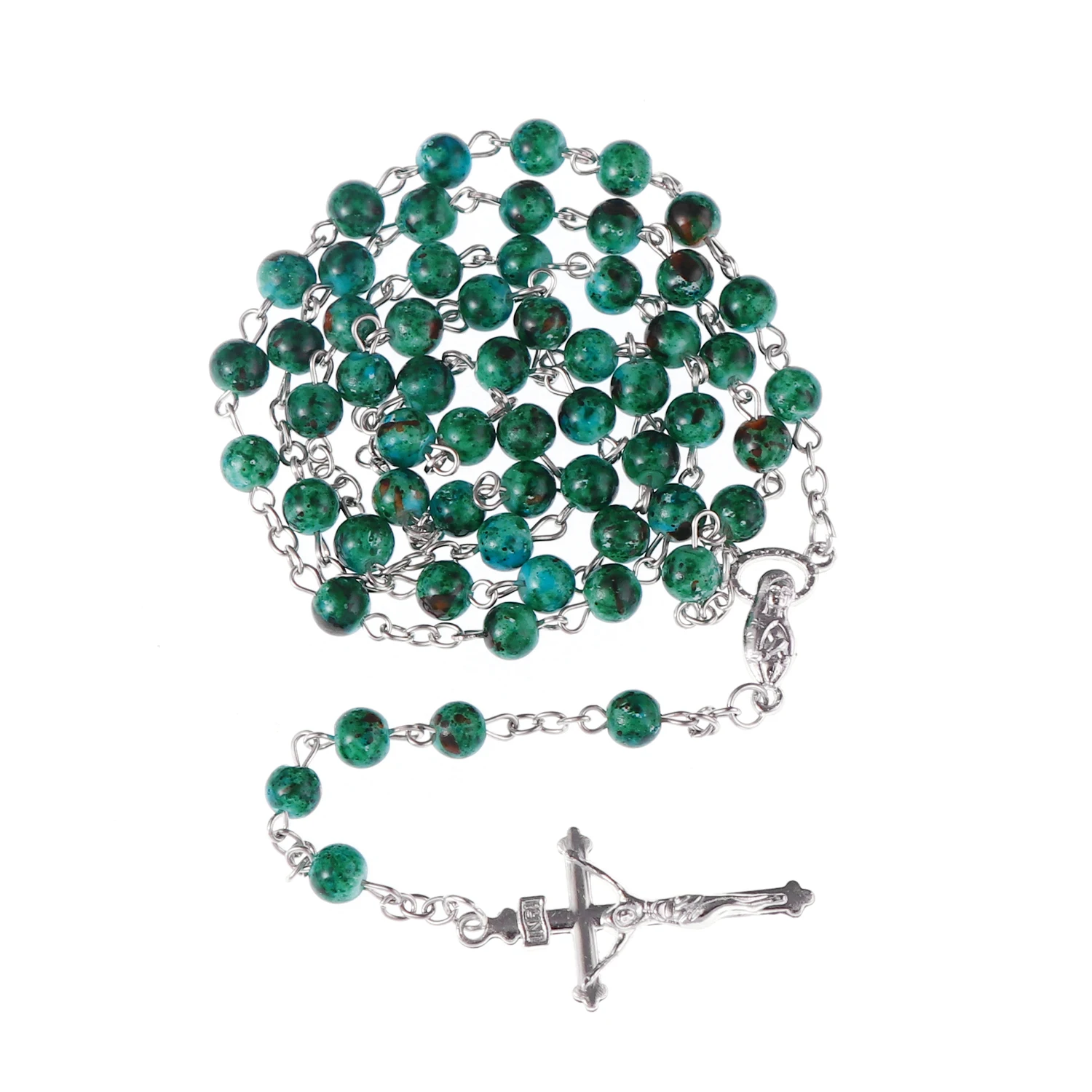 

New Trend Green Stone Rosary Cross Necklace Christian Virgin Mary Center Accessories Sweater Chain Church Jewelry Accessories